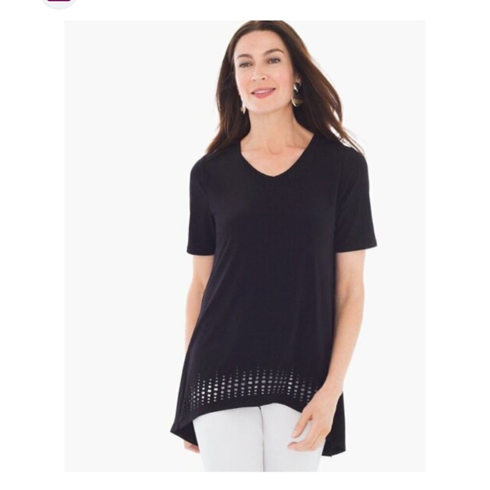 Chicos Black Short Sleeve Laser Cut Bottom Detail Hi Lo Blouse Size 3 / XL